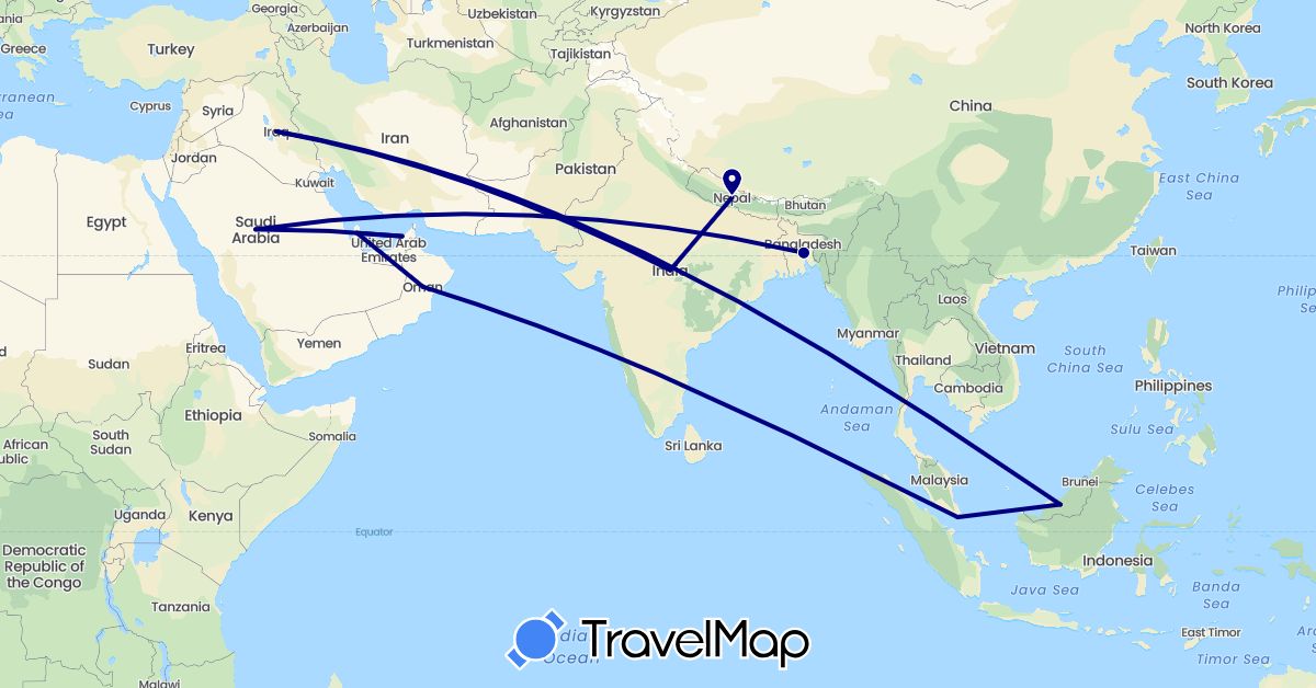 TravelMap itinerary: driving in United Arab Emirates, Bangladesh, India, Iraq, Malaysia, Nepal, Oman, Qatar, Saudi Arabia, Singapore (Asia)